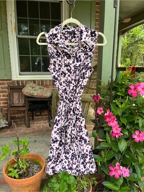 Banana Republic White Midi Shirt Dress with Pink & Navy Floral Print